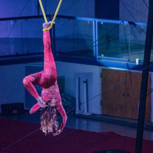 Acrobat hanging upside in the circus