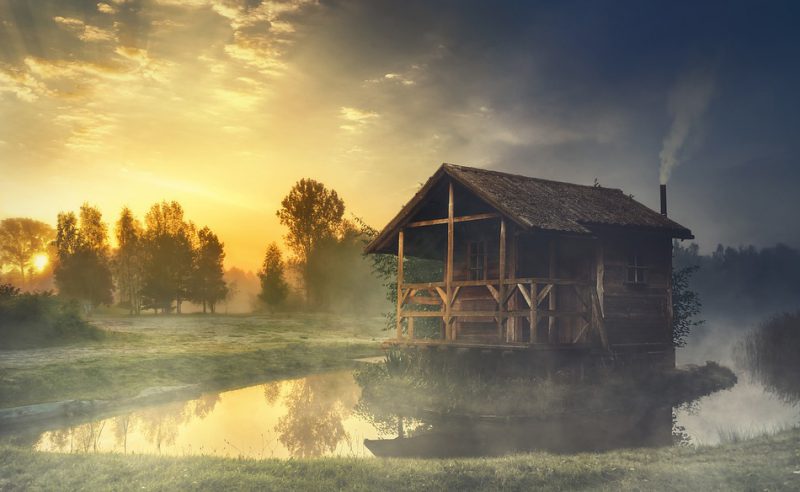 Wooden hut on a lake