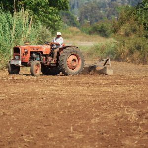 A man plows the land with a tractor