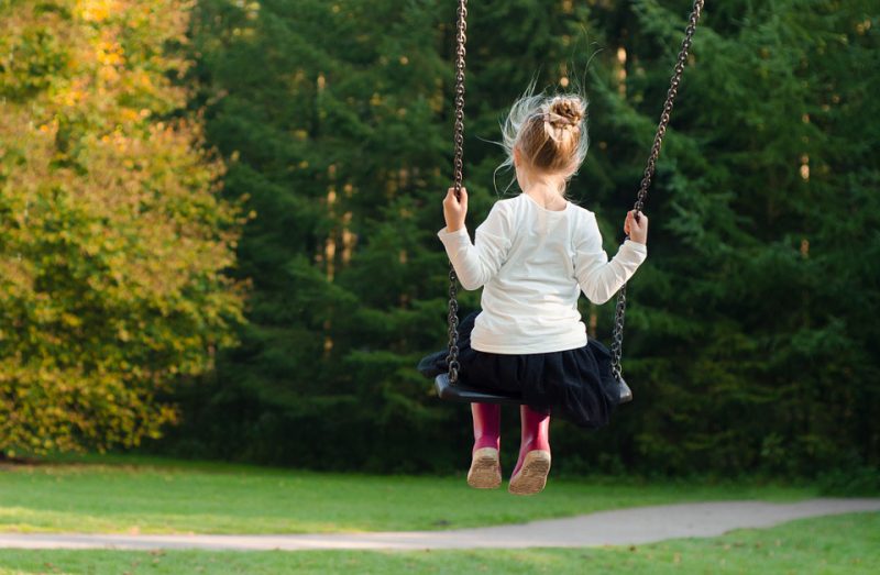 A little girl is swinging on a swing