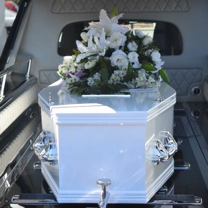 A coffin in a hearse