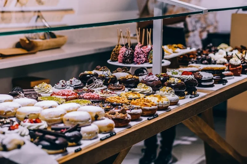 Food in the window of a pastry shop