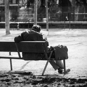 A man sits on a bench and reads