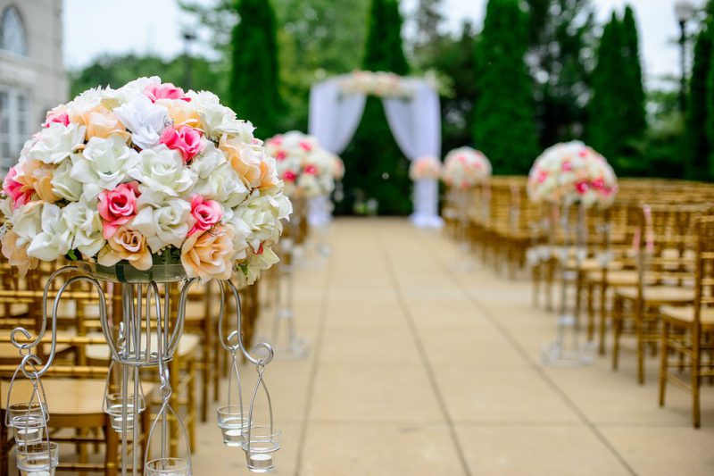 A decorative wedding bouquet in the bridal aisle