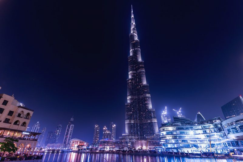 City tower photographed with night lights