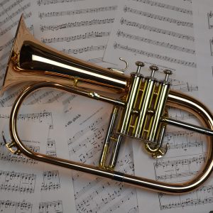 Trumpet with music letters below it