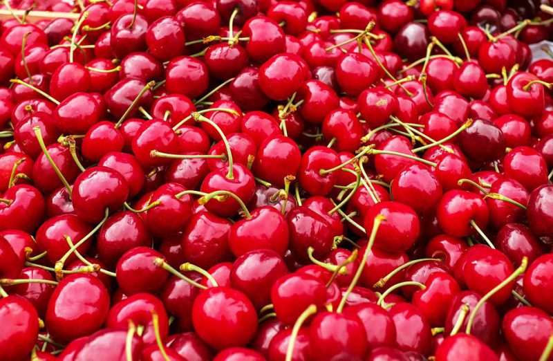 A bunch of cherries on display