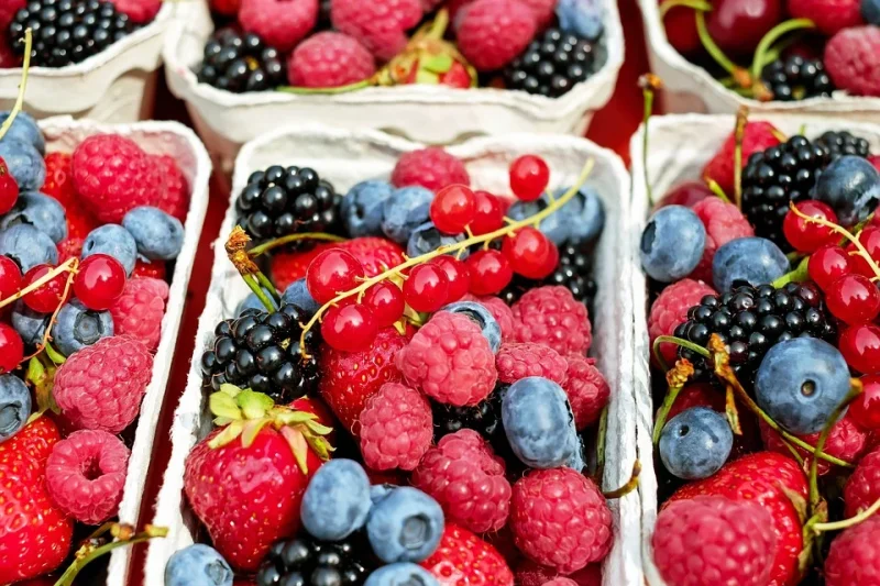 Berries displayed in small containers for sale