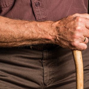 A man's hand holds a wooden stick