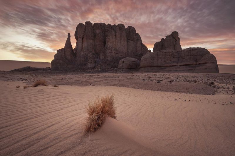 Desert and desert rock in a sunset