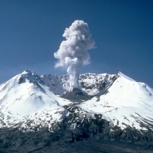 Volcano peak with steam on top